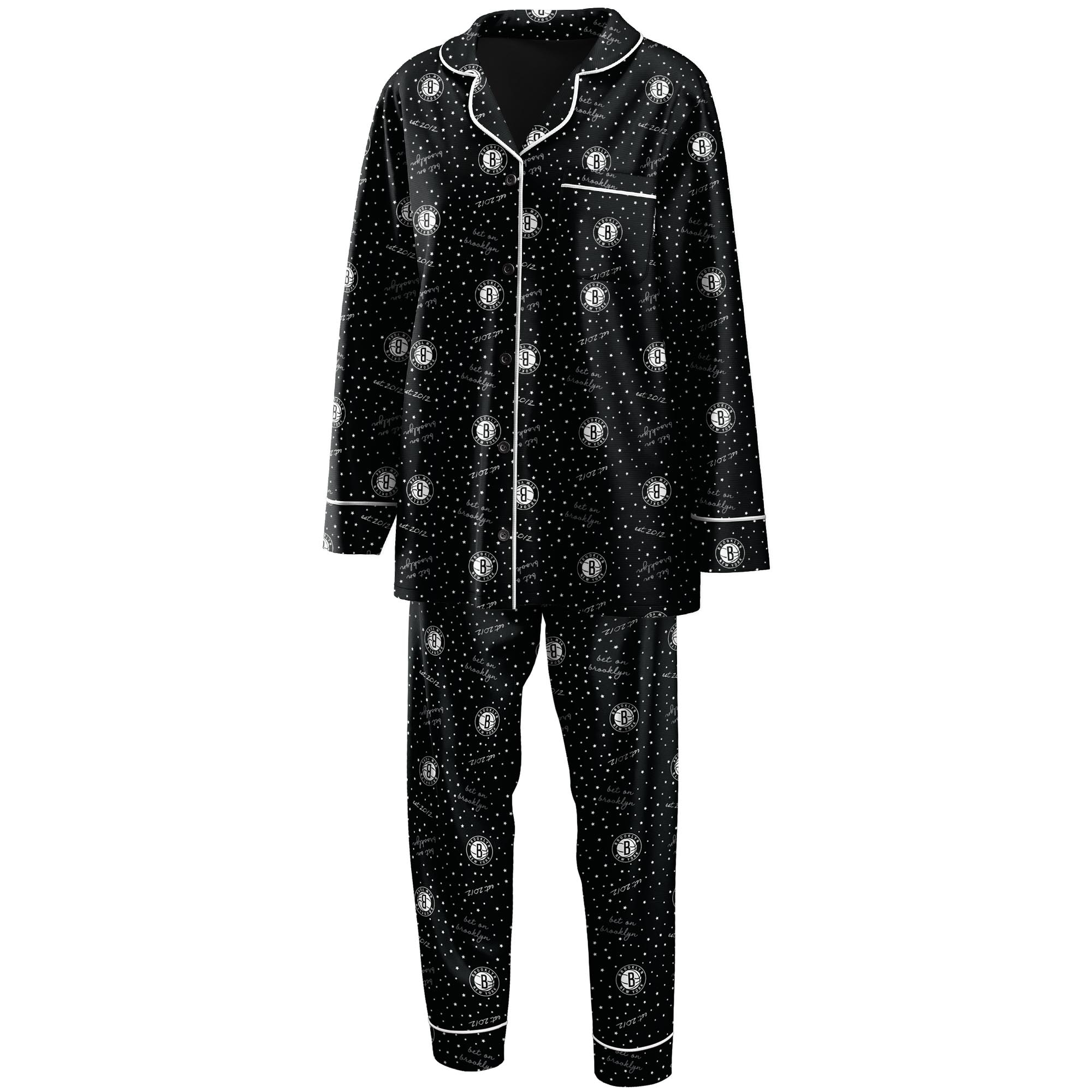 Women's WEAR by Erin Andrews Black Brooklyn Nets Long Sleeve Button-Up Shirt \u0026 Pants Sleep Set